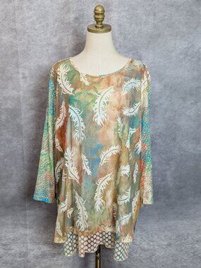 Multiples Sheer Feather Print Tunic Plus 2X Lightweight Overlay Polka Dot Accent